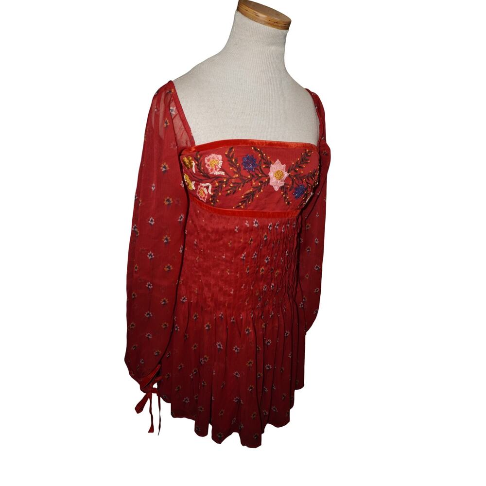 Free People Through The Meadows Mini Dress Red Embroidered Boho Fairycore S - Picture 4 of 10
